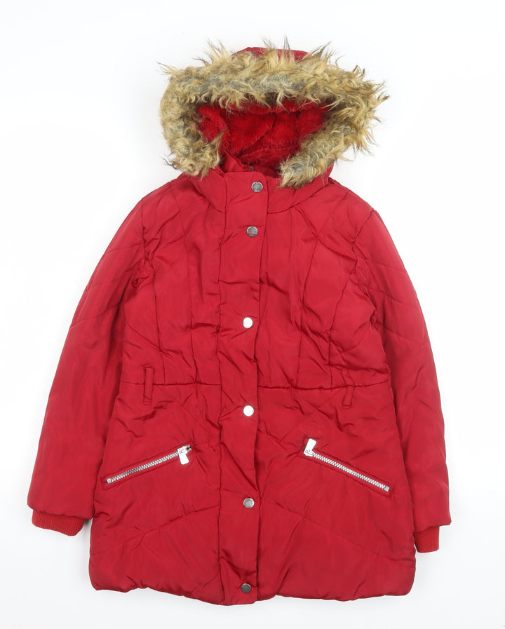 Tu Girls Red Faux Fur Hooded Puffer Coat 9-10 Years Winter Jacket