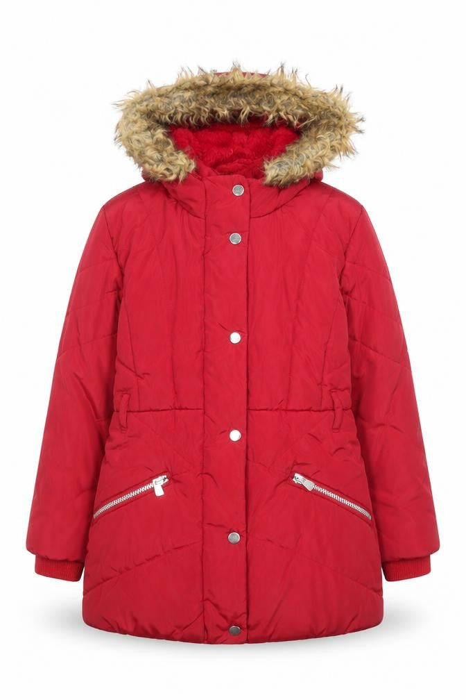 Tu Girls Red Faux Fur Hooded Puffer Coat 9-10 Years Winter Jacket