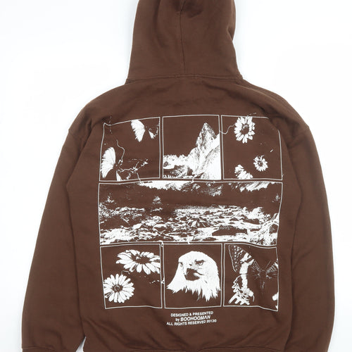 boohooMAN Unisex Brown Pullover Hoodie S Graphic Eagle Print Cotton Blend