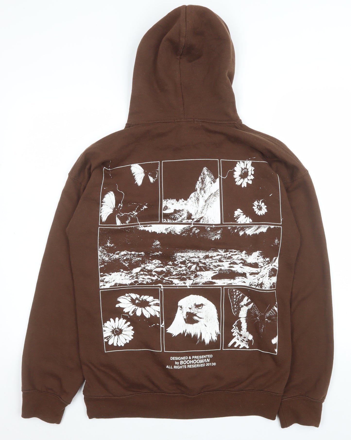 boohooMAN Unisex Brown Pullover Hoodie S Graphic Eagle Print Cotton Blend
