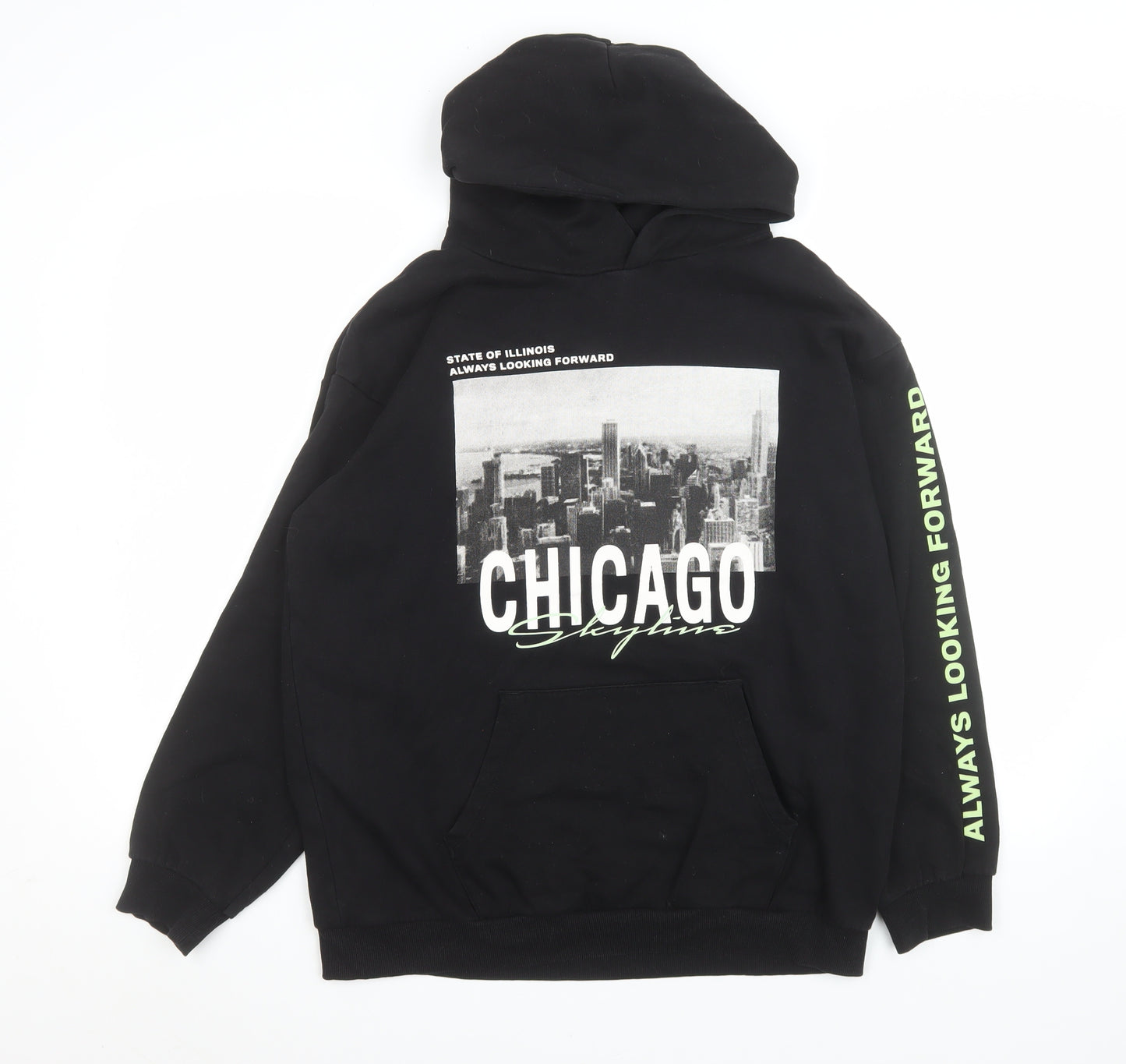 H&M Teens Black Chicago Graphic Print Pullover Hoodie Size 164