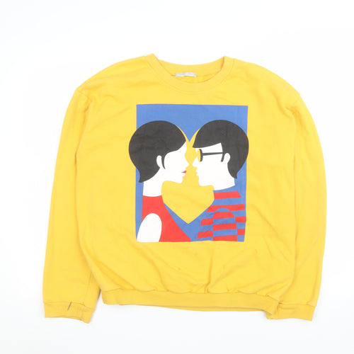 Zara Women Yellow Graphic Print Crew Neck Pullover Sweatshirt M