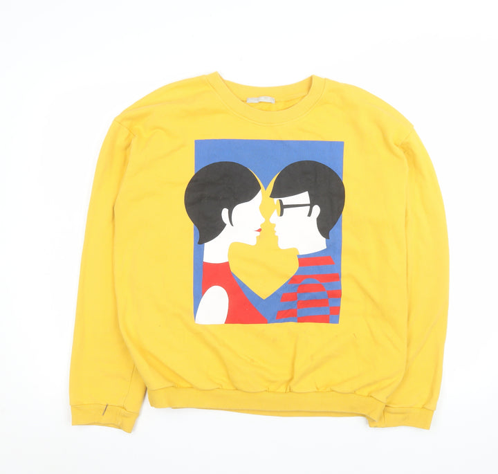 Zara Women Yellow Graphic Print Crew Neck Pullover Sweatshirt M