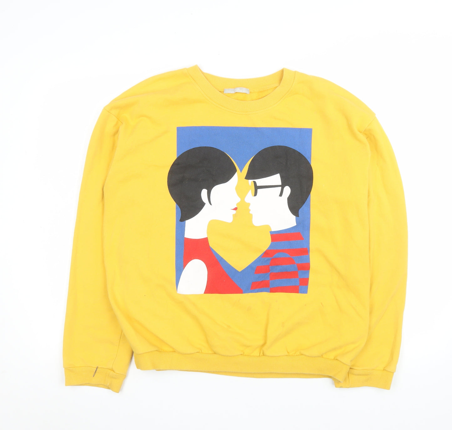 Zara Women Yellow Graphic Print Crew Neck Pullover Sweatshirt M