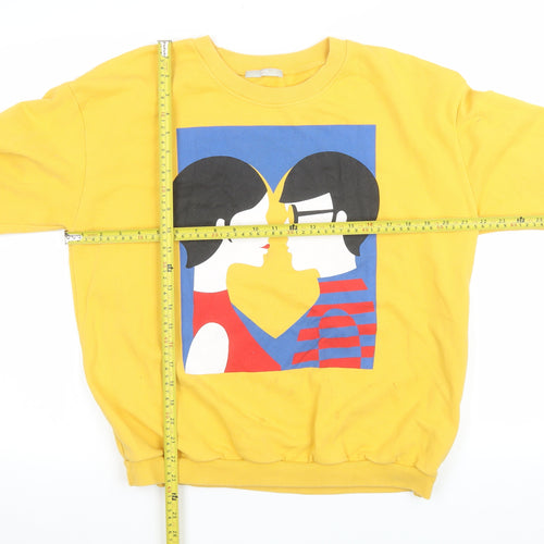 Zara Women Yellow Graphic Print Crew Neck Pullover Sweatshirt M