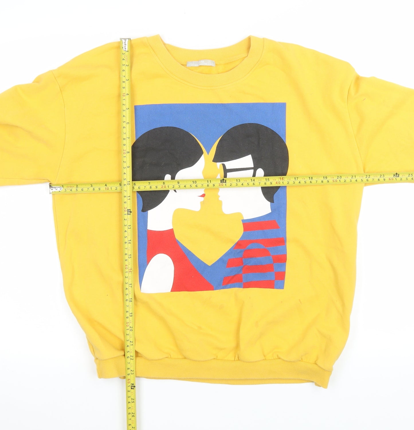 Zara Women Yellow Graphic Print Crew Neck Pullover Sweatshirt M