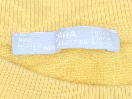 Zara Women Yellow Graphic Print Crew Neck Pullover Sweatshirt M