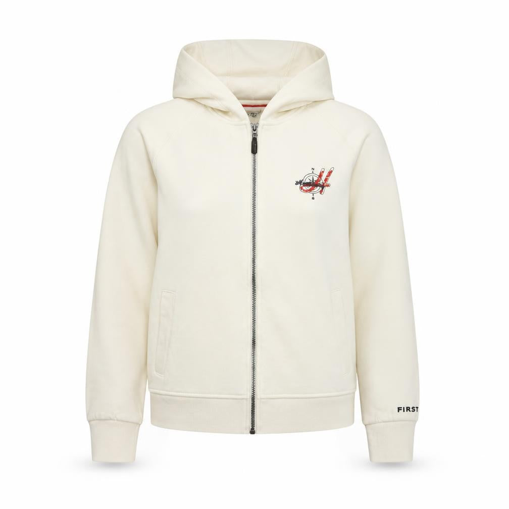 Front view of FIRST B Women Ivory Hooded Full Zip Embroidered Jacket, size 10