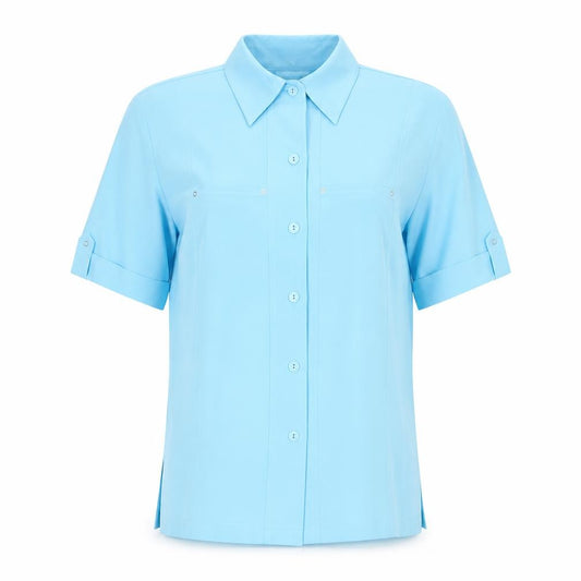 Front view of Oscar B Men’s Blue Short Sleeve Button-Up Shirt, size 14, Polyester Blend