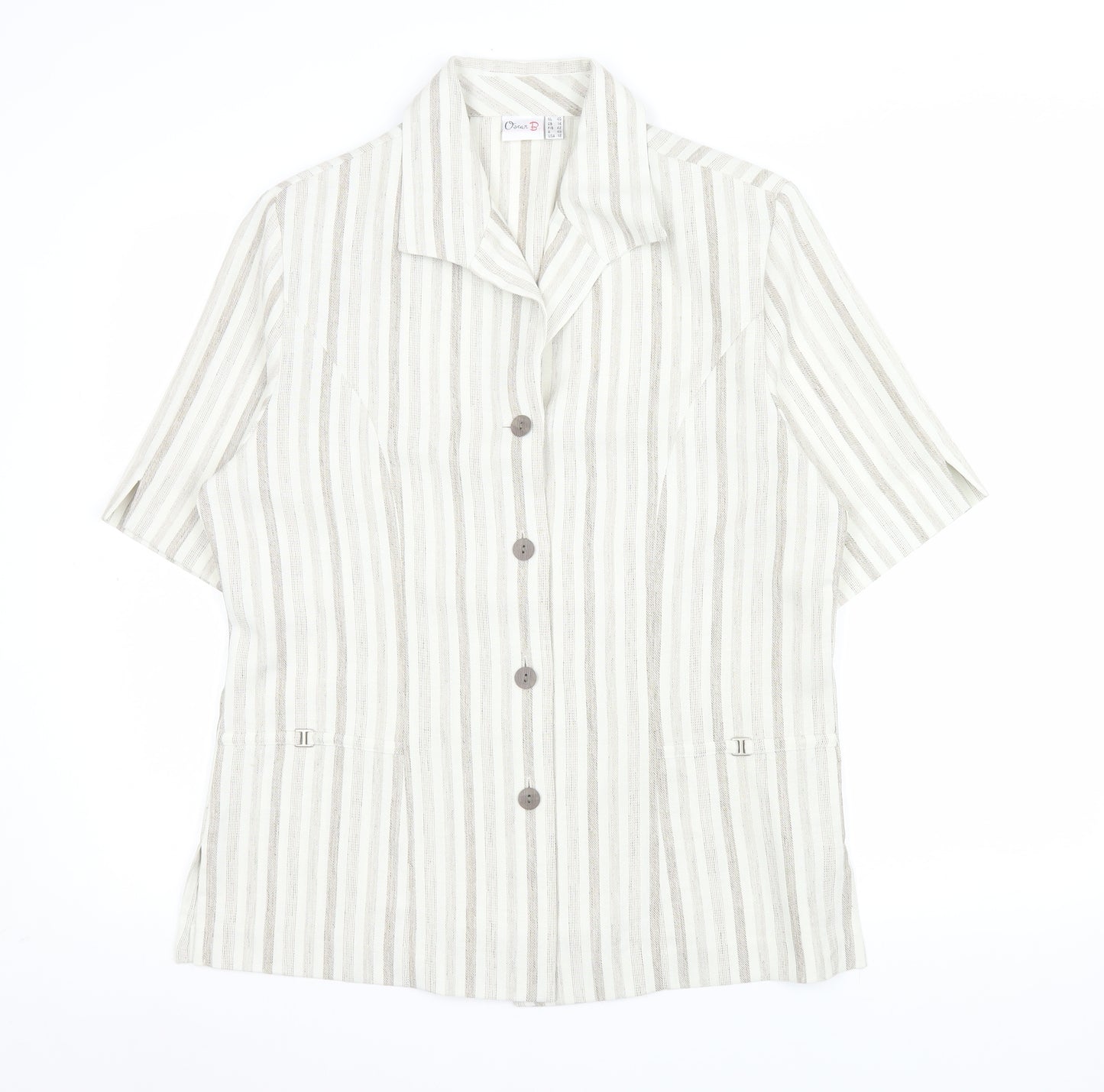 Oscar B Beige Striped Collared Short Sleeve Button-Up Top Size 14