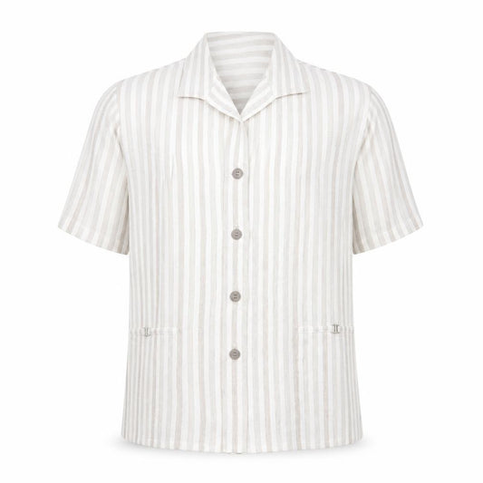 Front view of Oscar B Beige Striped Collared Short Sleeve Button-Up Top, size 14