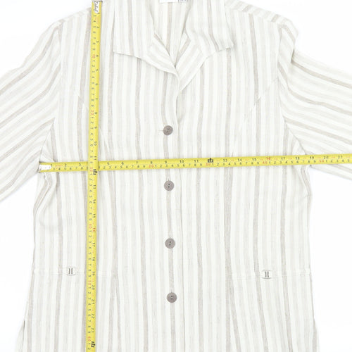Oscar B Beige Striped Collared Short Sleeve Button-Up Top Size 14