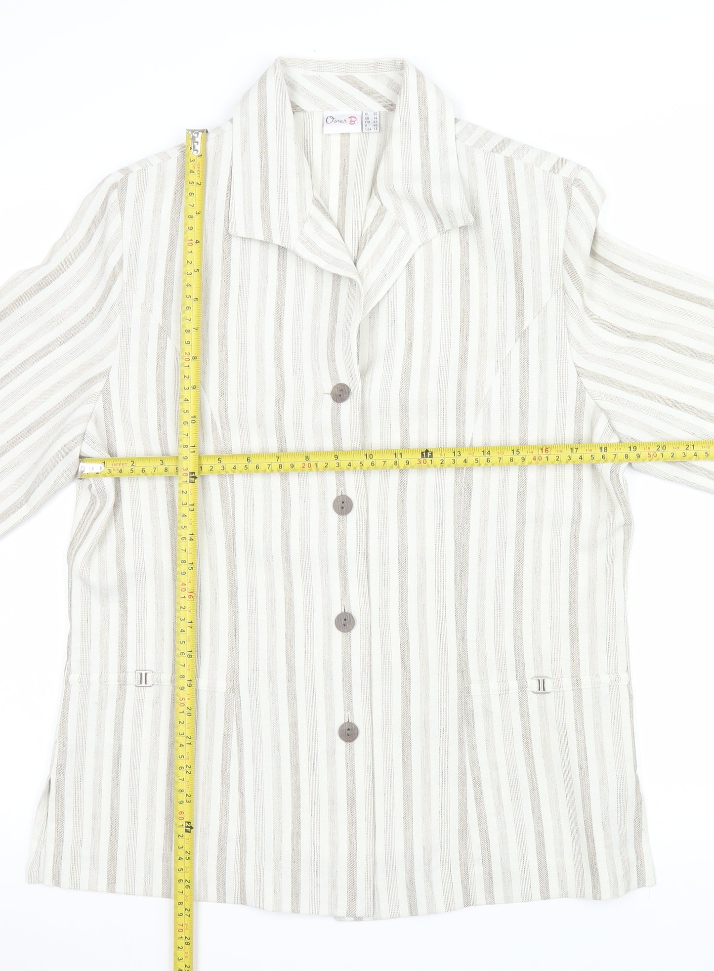 Oscar B Beige Striped Collared Short Sleeve Button-Up Top Size 14