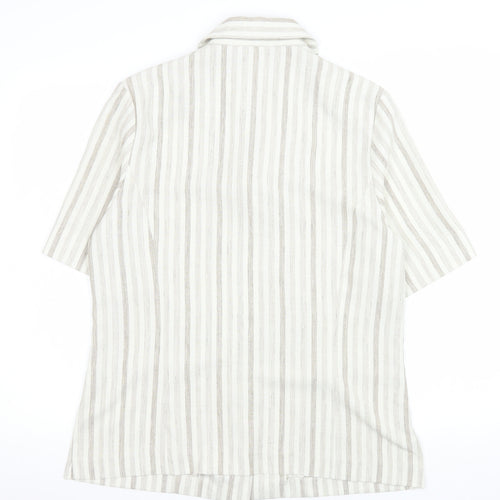 Oscar B Beige Striped Collared Short Sleeve Button-Up Top Size 14