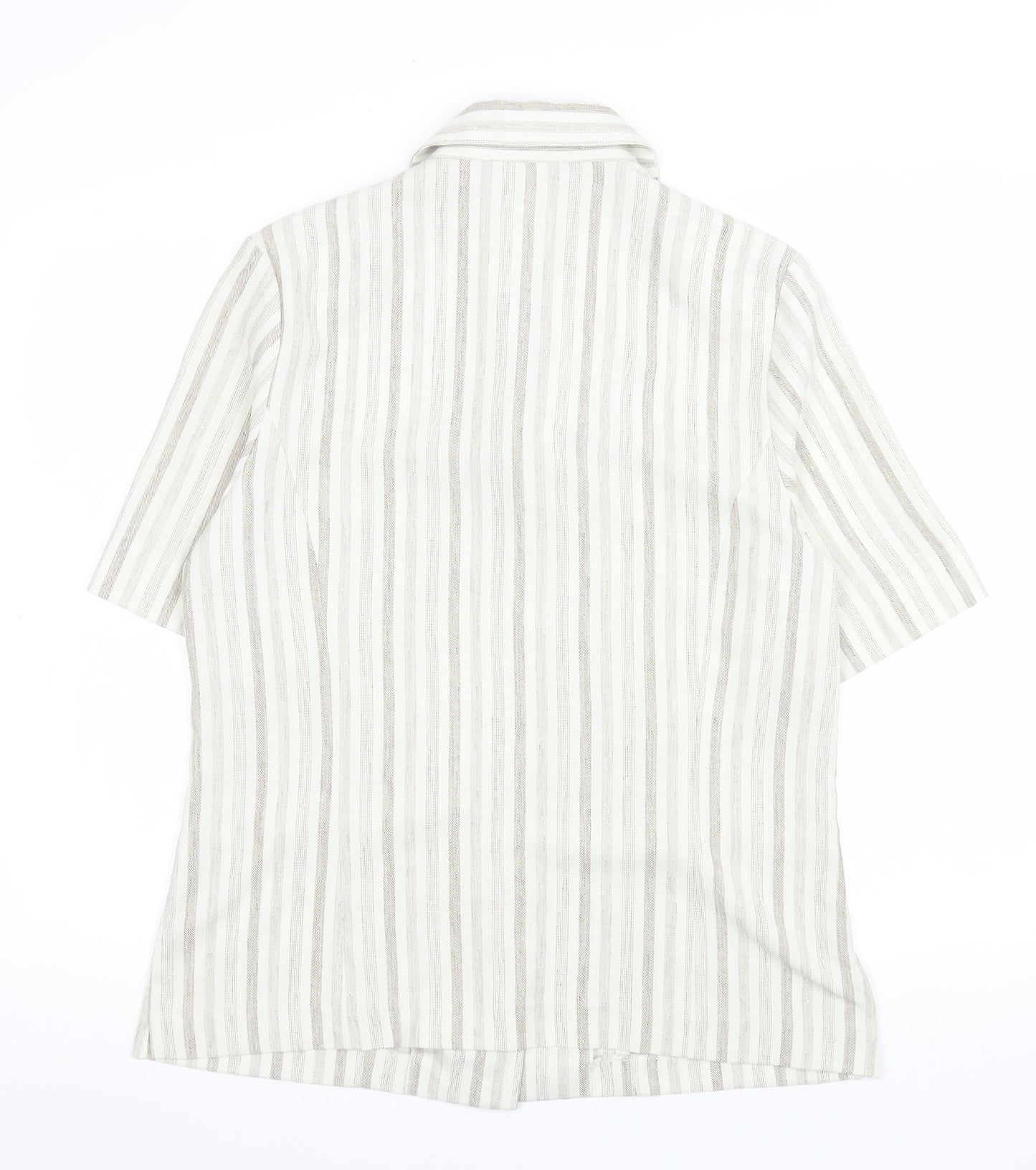 Oscar B Beige Striped Collared Short Sleeve Button-Up Top Size 14