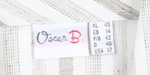 Oscar B Beige Striped Collared Short Sleeve Button-Up Top Size 14