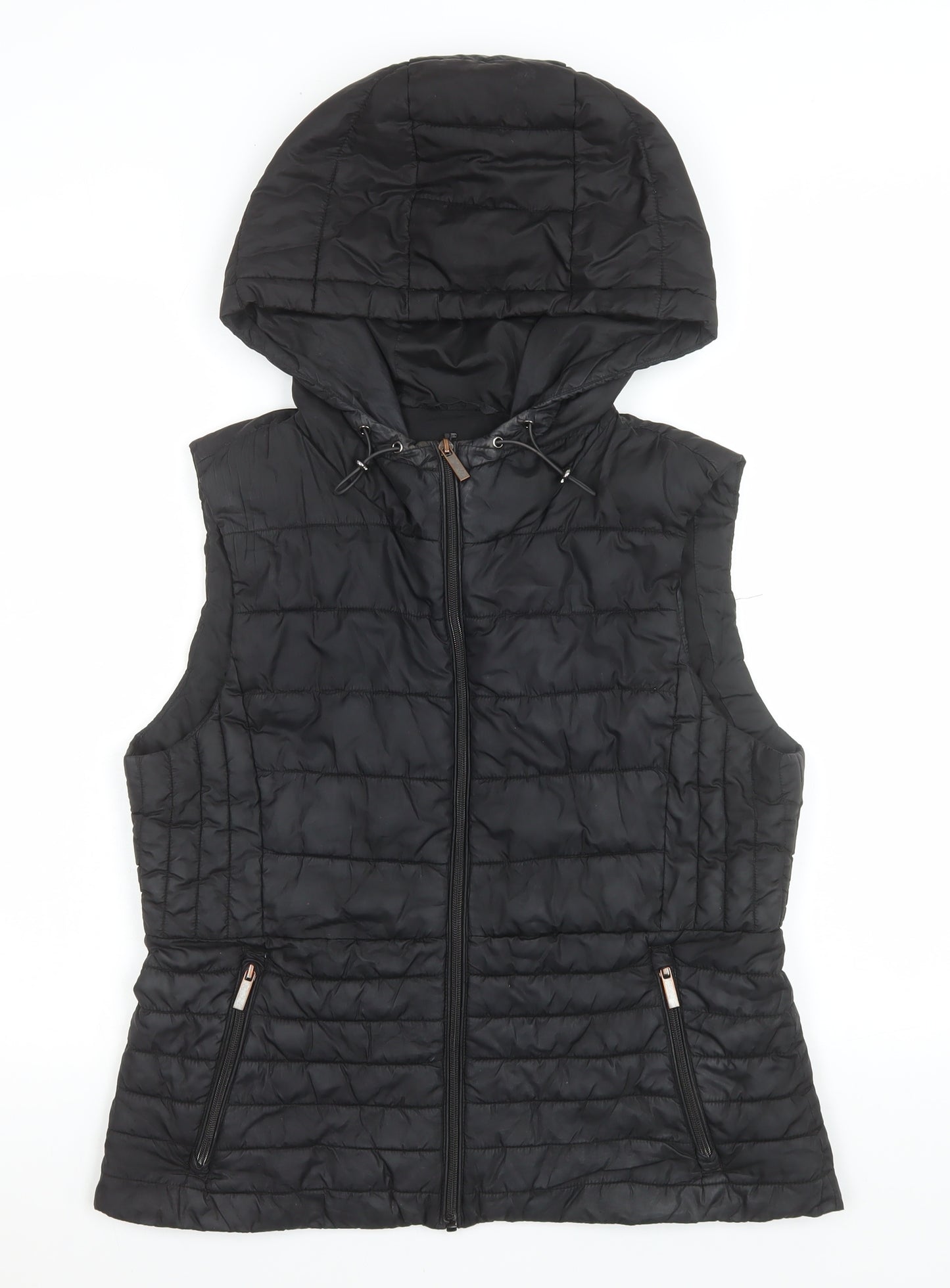 Zara Women Black Hooded Puffer Waistcoat Size 14 Quilted Gilet