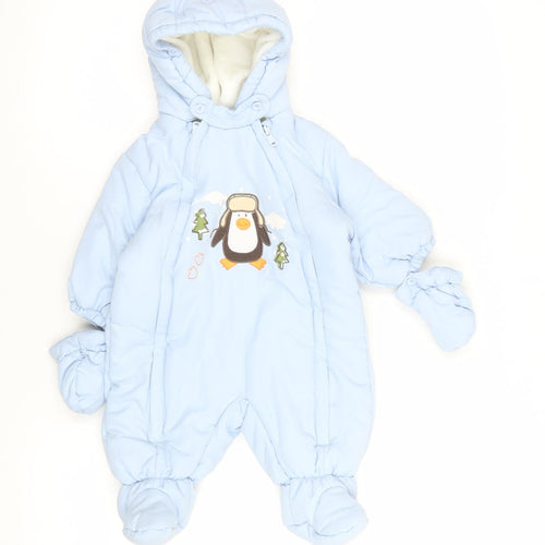 C&A Baby Club Blue Hooded Penguin Winter Snowsuit 3-6 Months Puffer