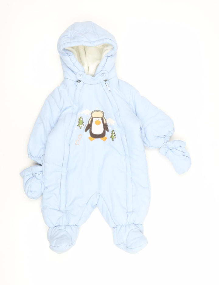 C&A Baby Club Blue Hooded Penguin Winter Snowsuit 3-6 Months Puffer