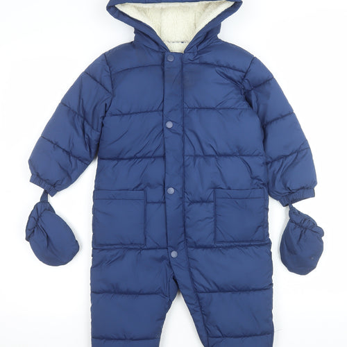 Marks and Spencer Boys Blue Hooded Puffer Snowsuit 2-3 Years Winter Lined
