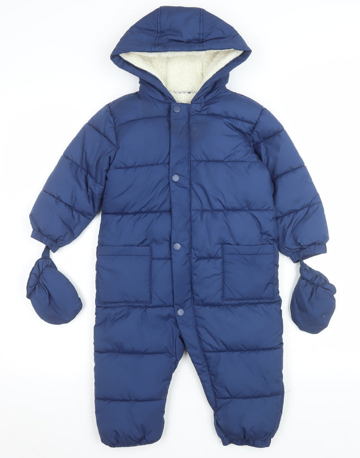 Marks and Spencer Boys Blue Hooded Puffer Snowsuit 2-3 Years Winter Lined