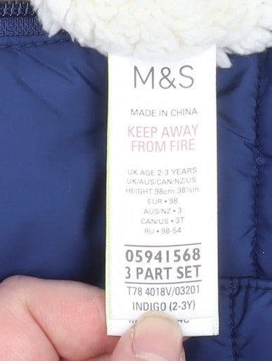 Marks and Spencer Boys Blue Hooded Puffer Snowsuit 2-3 Years Winter Lined