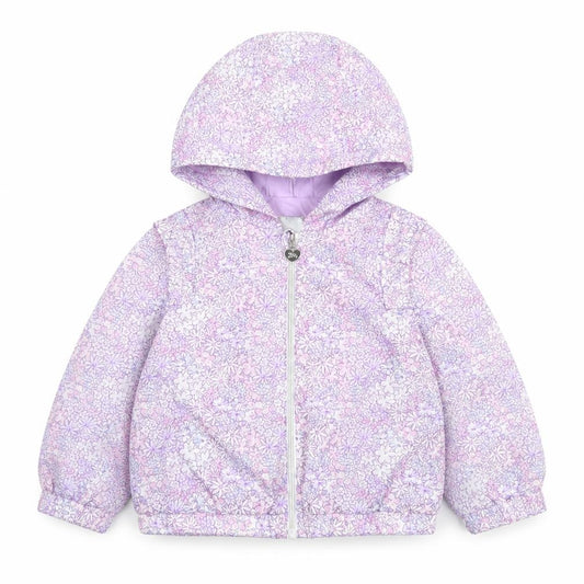 Front view of Original Marines girls’ purple floral hooded puffer jacket 12-18 months