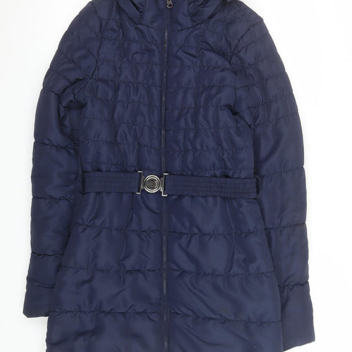 Vero Moda Womens Blue Long Puffer Belted Hooded Coat XS