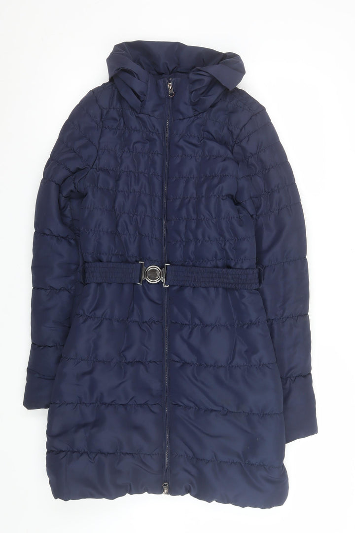 Vero Moda Womens Blue Long Puffer Belted Hooded Coat XS