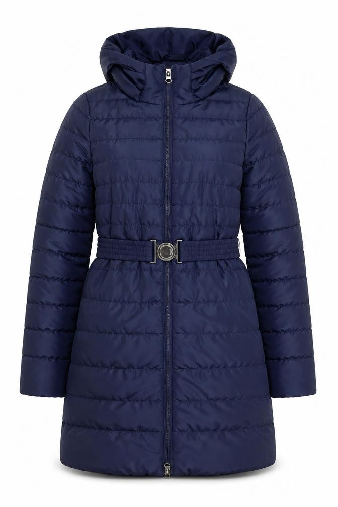 Front view of Vero Moda women’s blue long puffer belted hooded coat xs