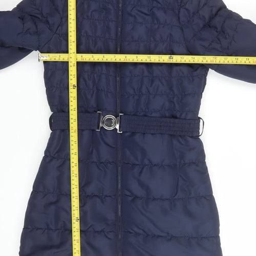 Vero Moda Womens Blue Long Puffer Belted Hooded Coat XS