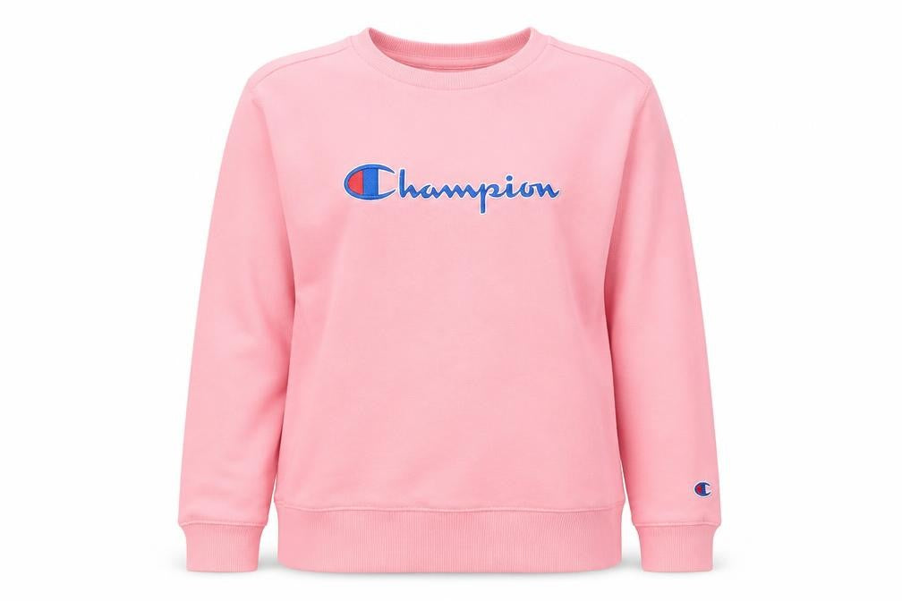 Front view of Champion Women Pink Crew Neck Pullover Sweatshirt L Logo Cotton Blend