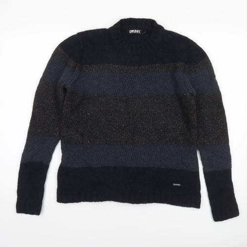 DKNY Women's Blue Striped Wool Linen Chunky Knit Pullover Jumper Size L