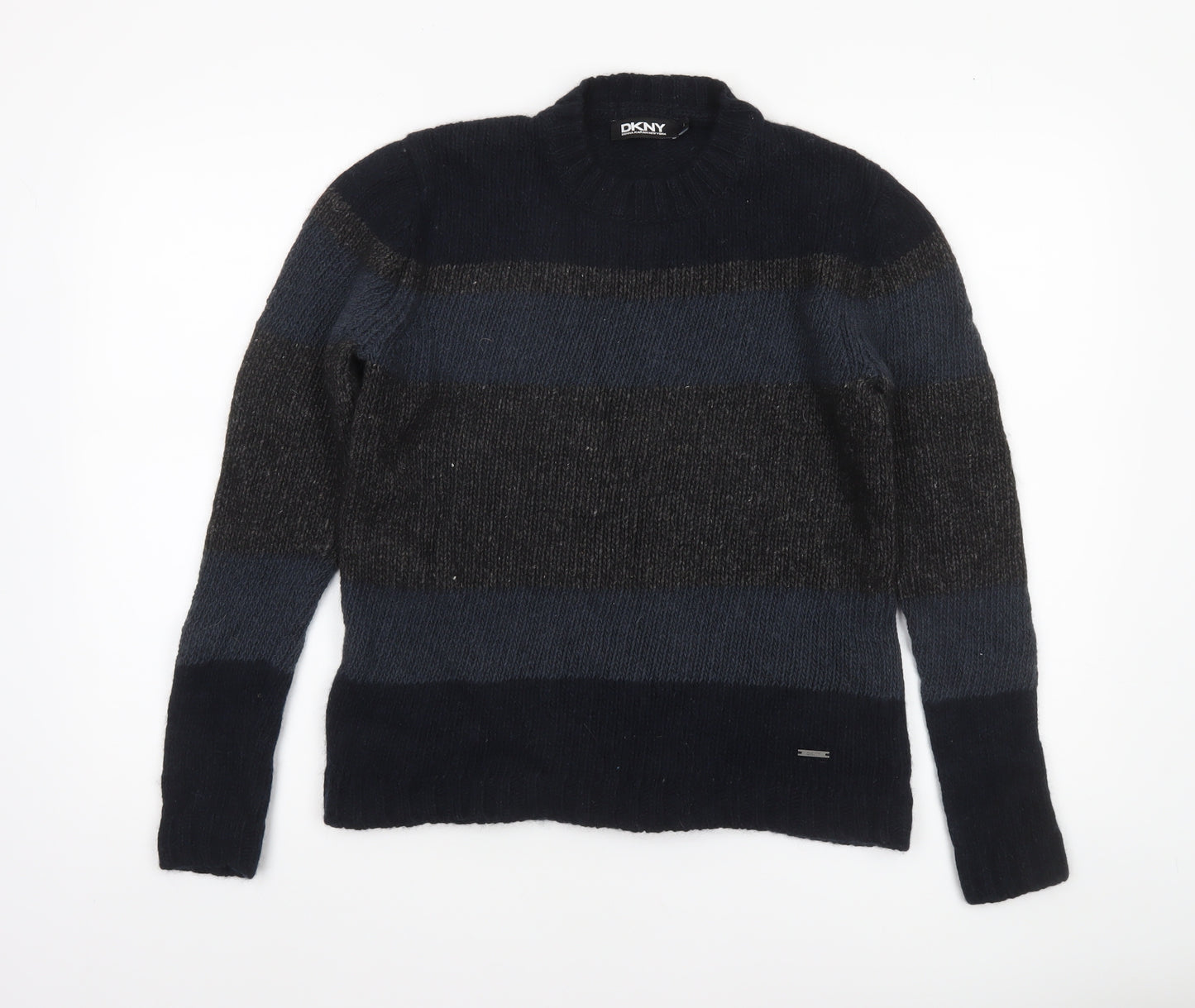 DKNY Women's Blue Striped Wool Linen Chunky Knit Pullover Jumper Size L