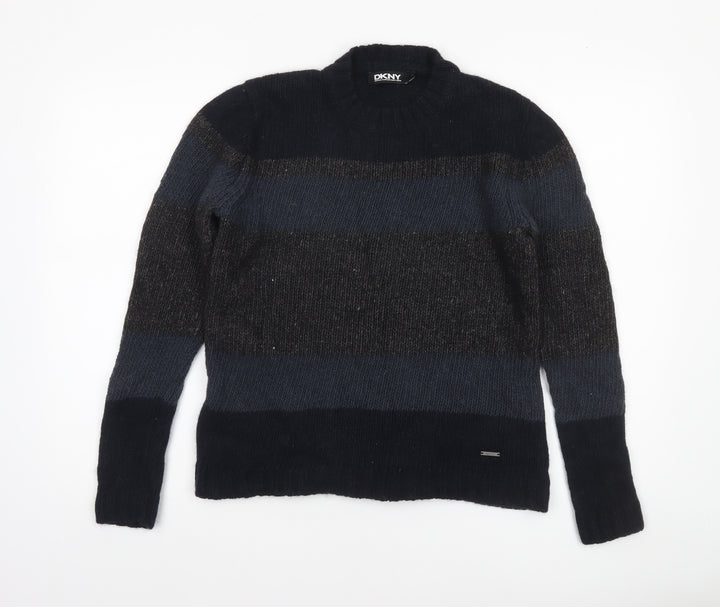 DKNY Women's Blue Striped Wool Linen Chunky Knit Pullover Jumper Size L