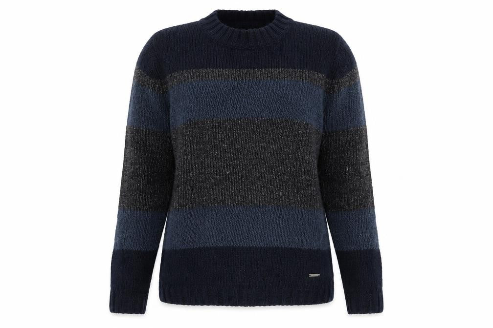 Front view of DKNY Women's Blue Striped Wool Linen Chunky Knit jumper, size L