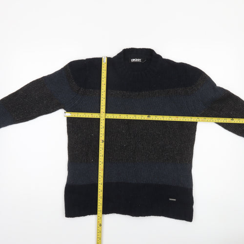 DKNY Women's Blue Striped Wool Linen Chunky Knit Pullover Jumper Size L