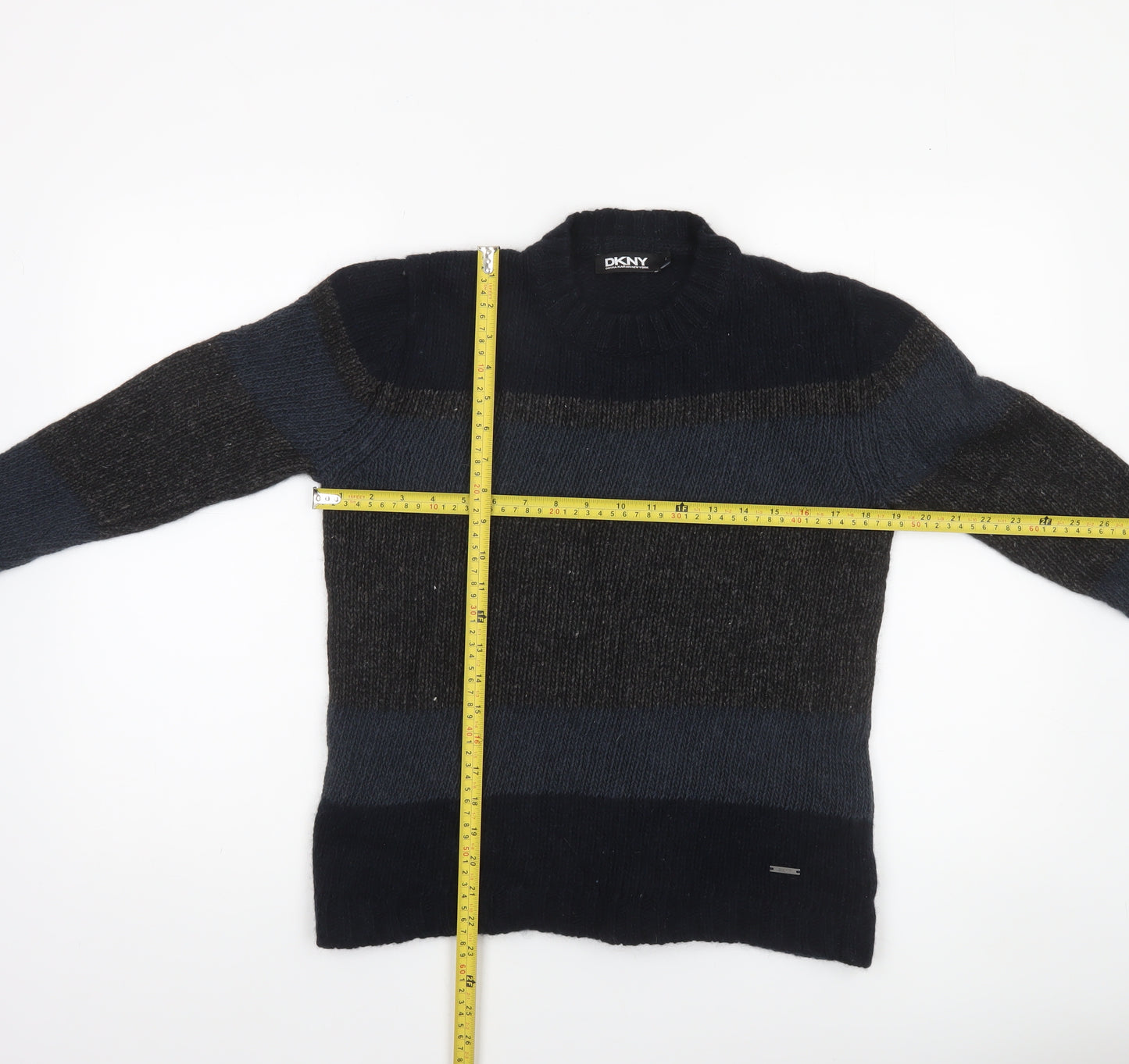 DKNY Women's Blue Striped Wool Linen Chunky Knit Pullover Jumper Size L