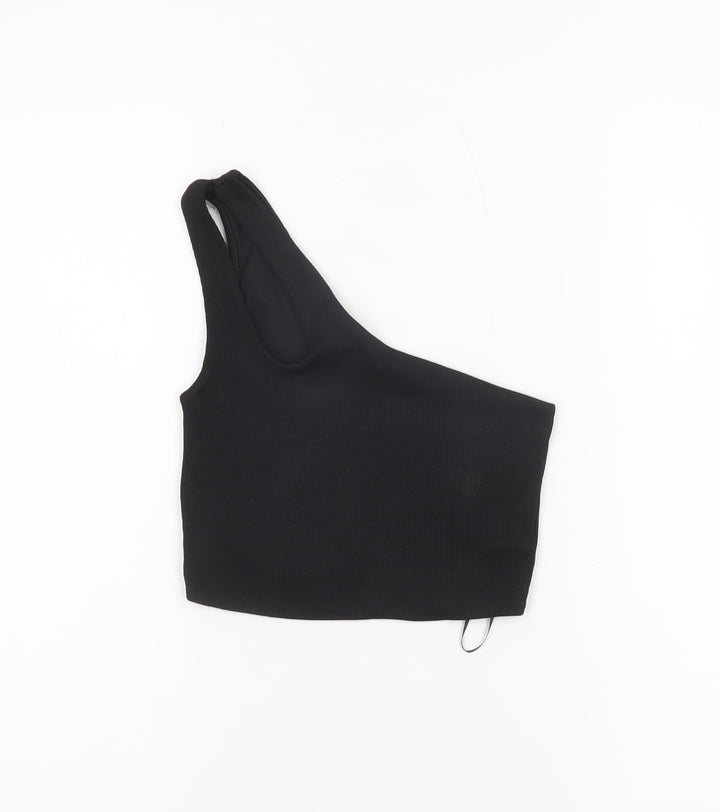 Pull&Bear Women's Black One Shoulder Cropped Tank Top Size S