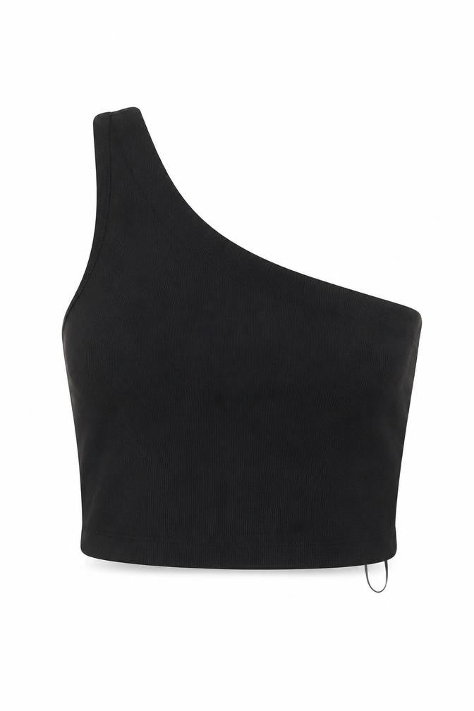 Pull&Bear Women's Black One Shoulder Cropped Tank Top Size S