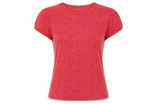 Front view of Capsule Women Red Polka Dot Puff Short Sleeve Jersey T-Shirt, size 18
