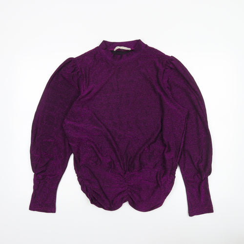 Rowen Avenue Women's Purple Glitter Puff Sleeve Mock Neck Jumper L