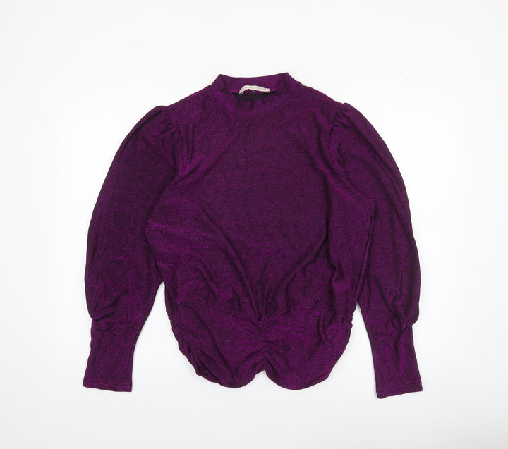 Rowen Avenue Women's Purple Glitter Puff Sleeve Mock Neck Jumper L