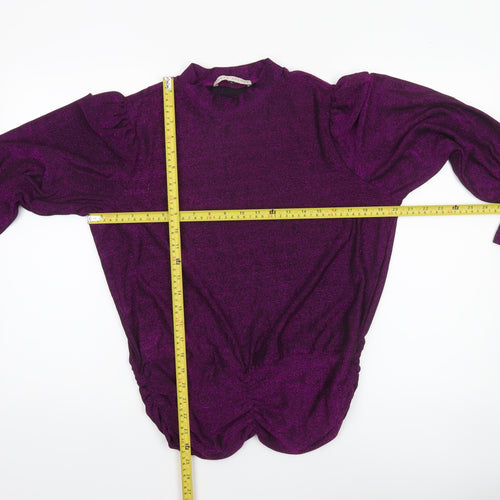 Rowen Avenue Women's Purple Glitter Puff Sleeve Mock Neck Jumper L