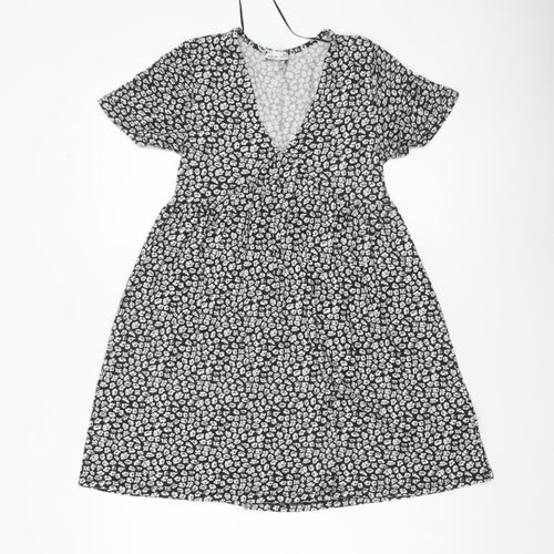 Pull&Bear Women's Black Floral V-Neck Skater Dress XS