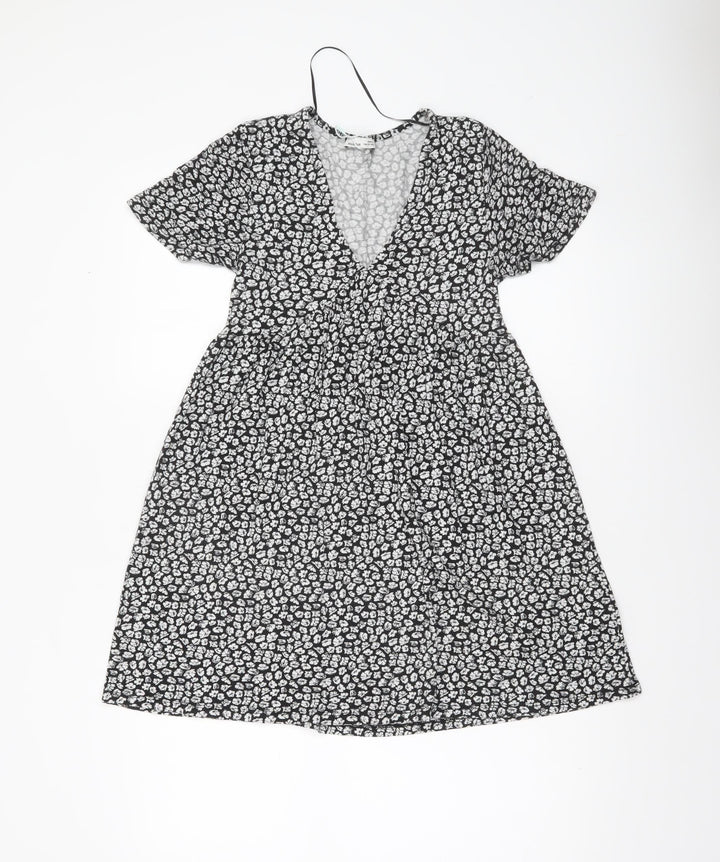 Pull&Bear Women's Black Floral V-Neck Skater Dress XS