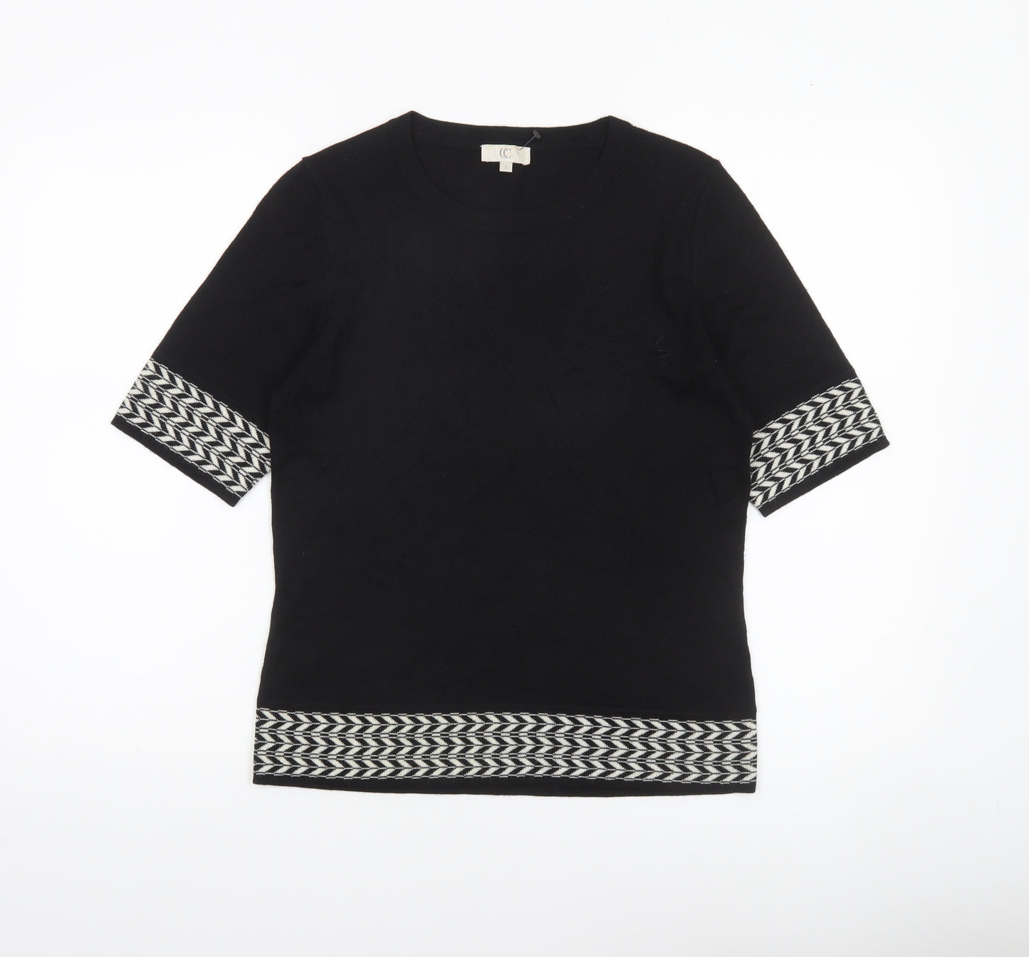 CC Women’s Black Geometric Trim Wool Blend Short Sleeve Jumper Size S