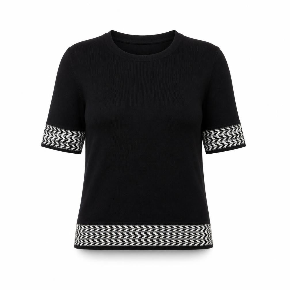 CC Women’s Black Geometric Trim Wool Blend Short Sleeve Jumper Size S