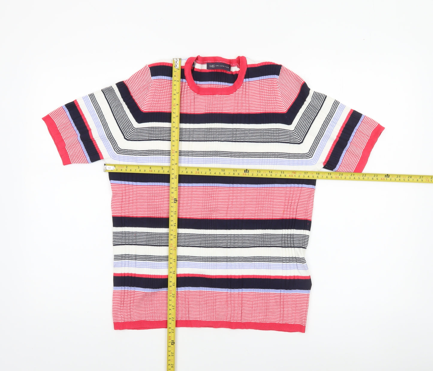 Marks and Spencer Women’s Multicoloured Striped Short Sleeve Crew Neck Pullover Jumper Size 18