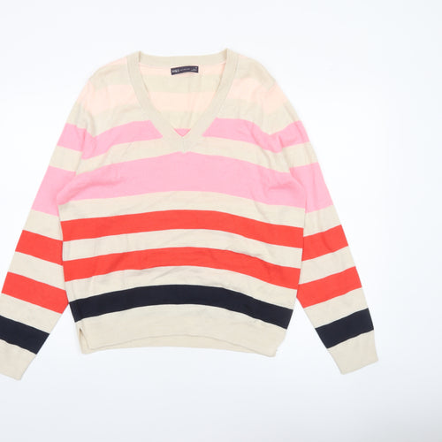 Marks and Spencer Womens Multicoloured V-Neck Striped Cotton Jumper M